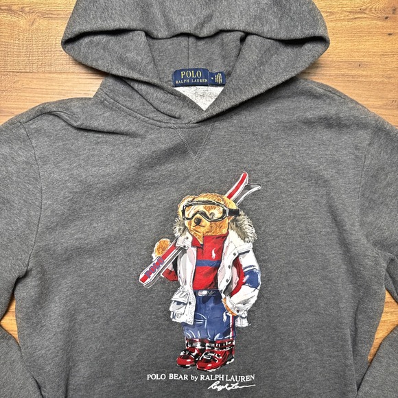 Polo Ralph Lauren Mens Medium Ski Bear Fleece Hoodie Sweatshirt Gray USA - Picture 1 of 4
